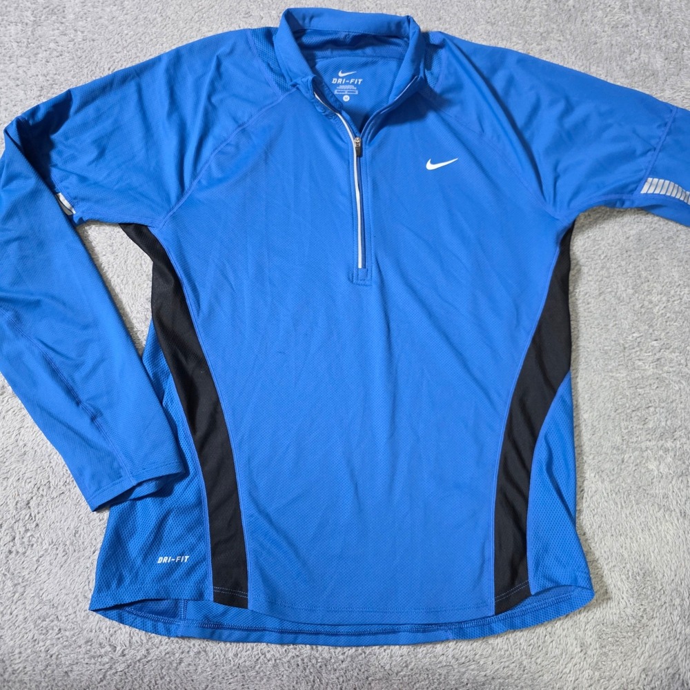 Nike Mens M Quarter Zip Running Top Blue Black Dri-FIT Reflective Long Sleeve